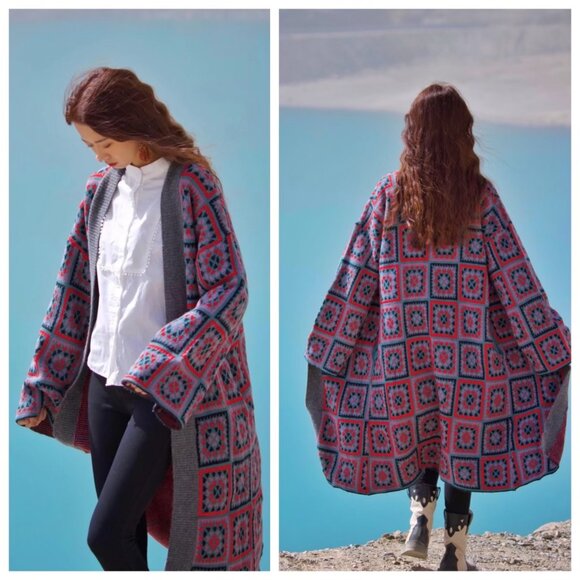 Saachi Square Patch Open Front LOng Kimono Cardigan *Grey* One Size - Picture 2 of 13